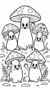 Schattige paddestoelen met gezichtjes zwart-wit tekening