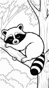 Slapende wasbeer in een boom kleurplaat om te printen