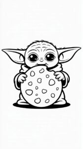 Baby Yoda eet een reusachtige koek kleurplaat
