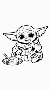Baby Yoda eet met lepel kleurplaat