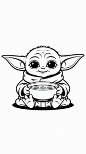 Baby Yoda met soepkom in zijn handen kleurplaat