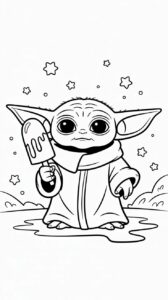 Baby Yoda met zijn lievelingseten kleurplaten