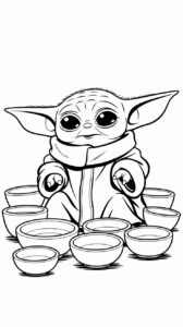 Baby Yoda omringd door kommetjes kleurplaat