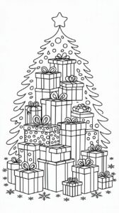 Berg kerstcadeaus onder boom kleurplaat