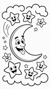 Grappige maan met tong en sterren kleurplaat