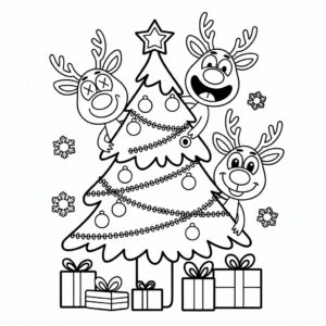 Grappige rendieren in kerstboom kleurplaat