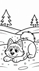 Husky duikt in de sneeuw kleurplaat