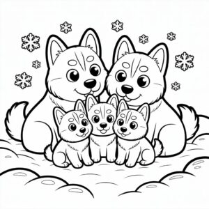 Husky familie in de sneeuw kleurplaat