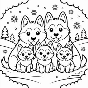 Husky familie in winterlandschap kleurplaat
