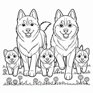 Husky familie wandelend in het gras kleurplaat