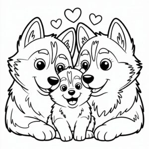 Husky knuffelmoment met puppy kleurplaat