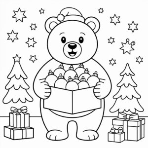 Joulukarhu – laatikko täynnä joulupalloja – värityssivu