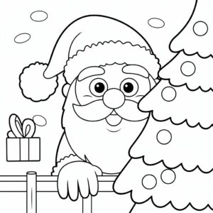 Kerstman gluurt achter kerstboom kleurplaat