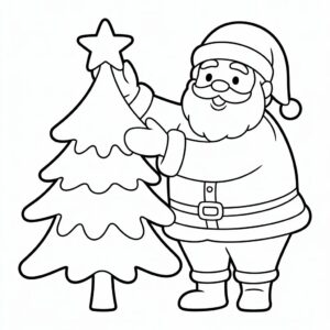 Kerstman zet ster op kerstboom kleurplaat