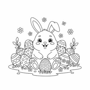 Kleurplaat Lieve Paashaas tussen Paaseieren