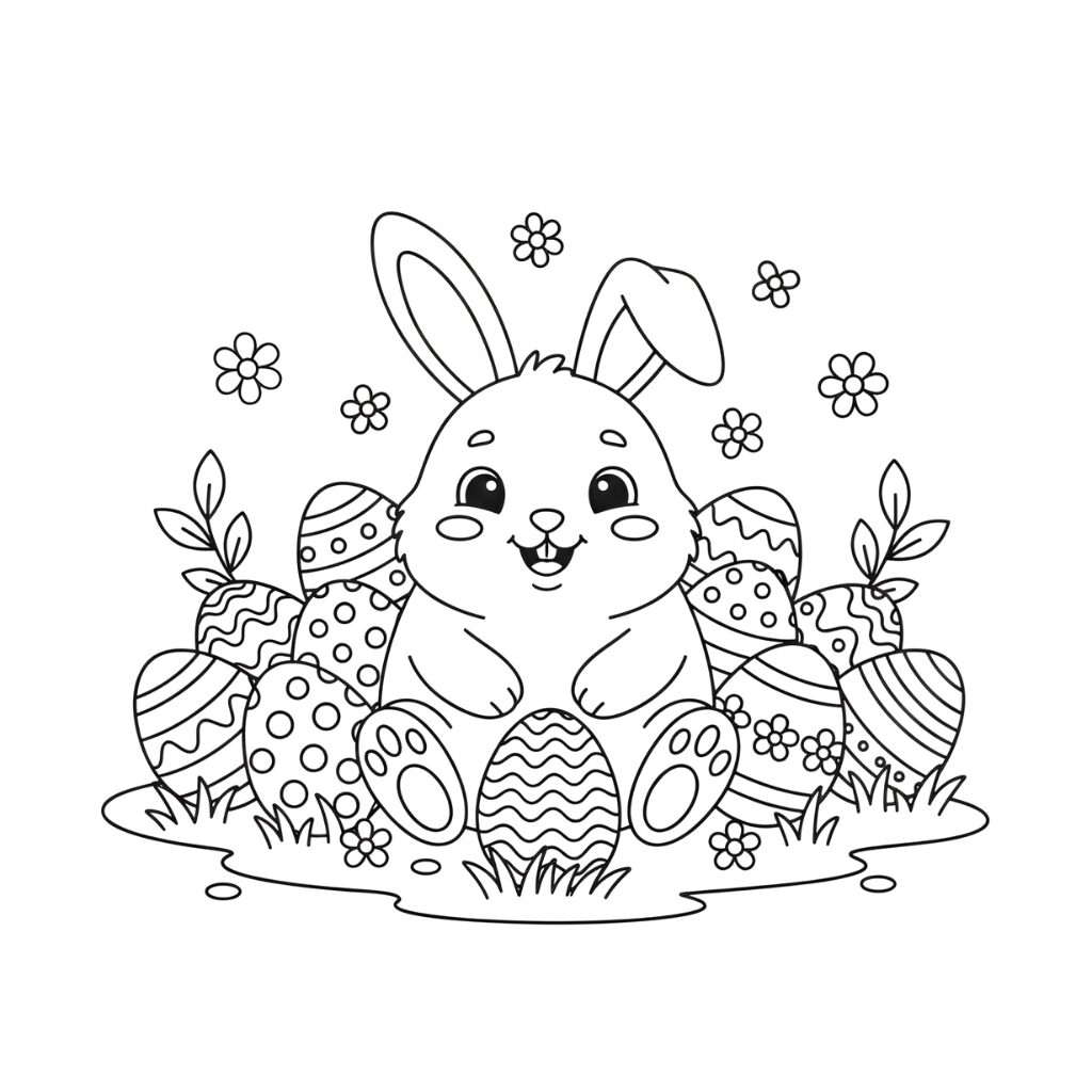 Kleurplaat Lieve Paashaas tussen Paaseieren