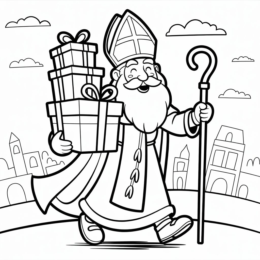 Kleurplaat Sinterklaas met pakjes op de boot