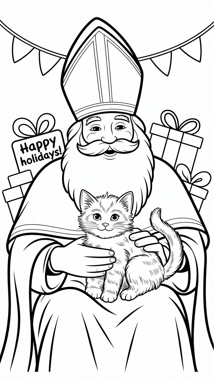 Kleurplaat Sinterklaas met zijn dierenvrienden