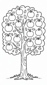 Kleurplaat appelboom met ronde kruin vol appels