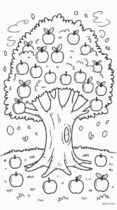 Kleurplaat appelboom met vallende appels op de grond