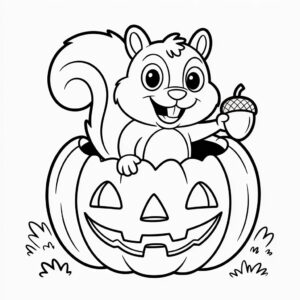 Kleurplaat eekhoorn in Halloween pompoen