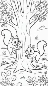 Kleurplaat eekhoorns bij boom
