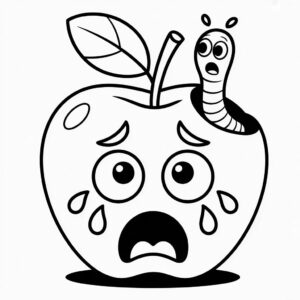 Kleurplaat geschrokken appel met worm