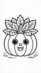 Kleurplaat grappige pompoen met bladeren op het hoofd