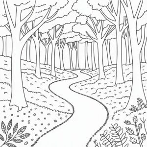 Kleurplaat herfstbos met kronkelend pad