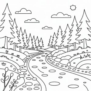 Kleurplaat herfstlandschap met rivier