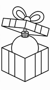 Värityssivu joulupallosta lahjapakkauksessa nauhan kera