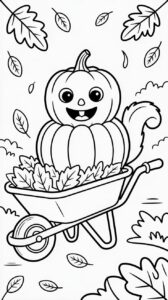 Kleurplaat pompoen in kruiwagen vol herfstbladeren