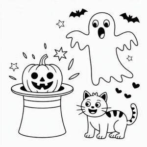 Kleurplaat pompoen met kat en geest
