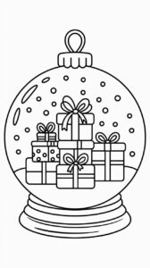 Värityssivu lumipallosta, jonka sisällä on pinotut joululahjat