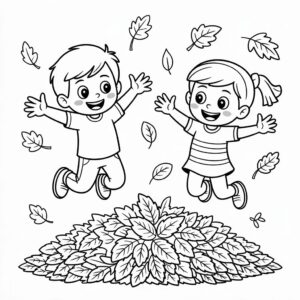 Kleurplaat springen in bladeren