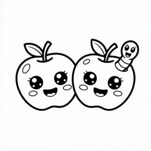 Kleurplaat twee blije appels, één met worm