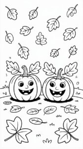 Kleurplaat twee lachende pompoenen in vallende bladeren