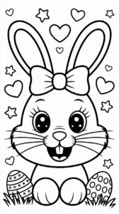 Kleurplaat van een paashaas tussen eieren en hartjes