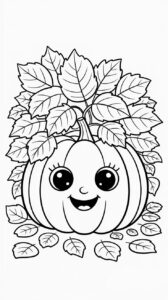 Kleurplaat vrolijke pompoen met herfstbladeren