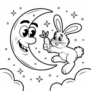 Konijn geeft wortel aan maan kleurplaat