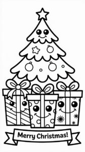 Lachende cadeautjes onder kerstboom kleurplaat
