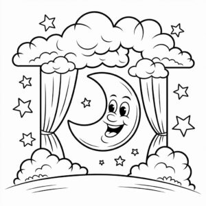 Lachende maan achter de gordijnen kleurplaat