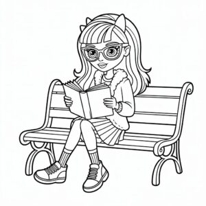 Página para colorear: niña leyendo en un banco