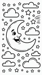 Maan tussen de sterren en wolken kleurplaat