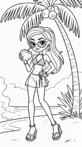 Chica con coco bajo una palmera – página para colorear