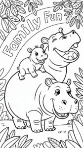 Nijlpaarden met familie plezier kleurplaat