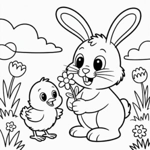 Paashaas en kuiken kleurplaat