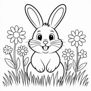 Paashaas tussen bloemen kleurplaat