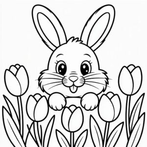 Paashaas tussen de tulpen