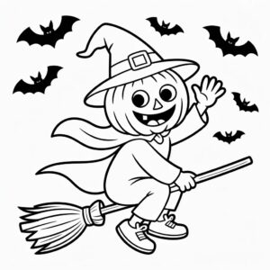 Pompoen heks op bezem kleurplaat